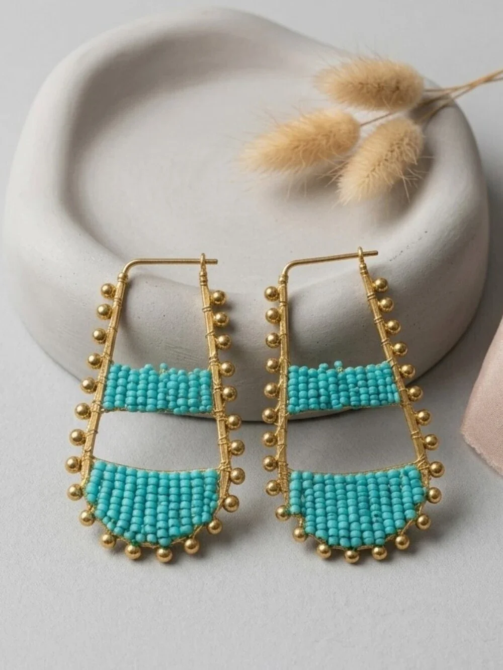 Aqua Turquoise Seed Bead Statement Hoop Earrings Boho Artisan Gold Woven 2